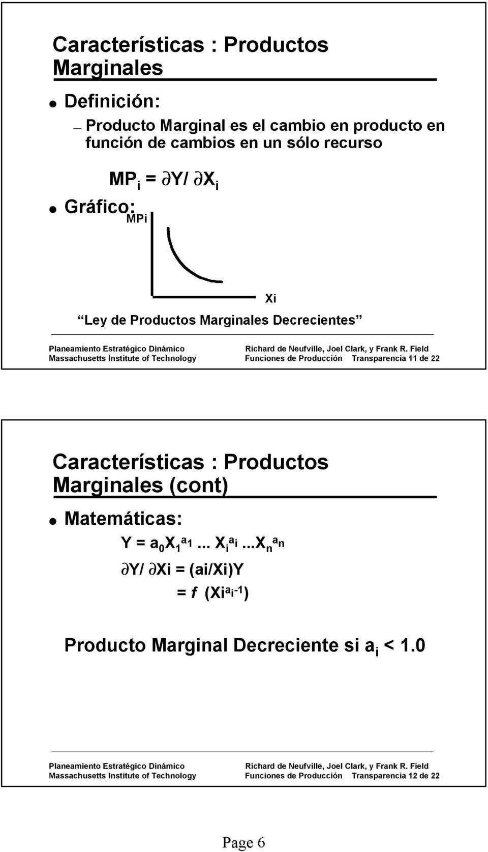 22 Características : Productos Marginales (cont) Matemáticas: Y = a 0 X 1 a 1... X i a i.