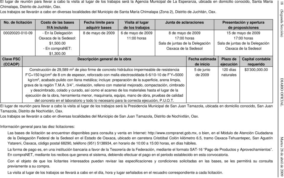 de licitación Costo de las bases IVA incluido 00020020-010-09 - En la Delegación Oaxaca de la Sedesol: $1,500.00 - En compranet: $1,300.