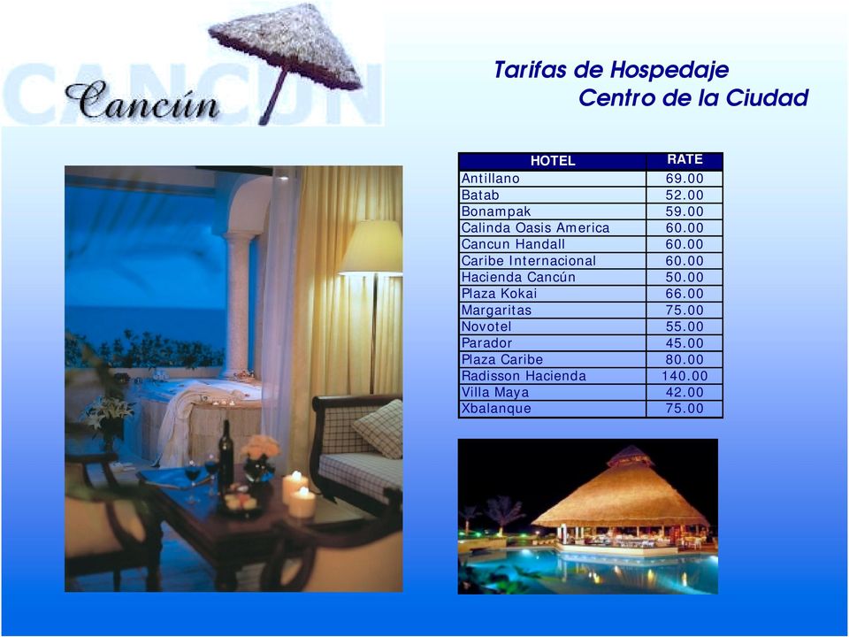 00 Caribe Internacional 60.00 Hacienda Cancún 50.00 Plaza Kokai 66.