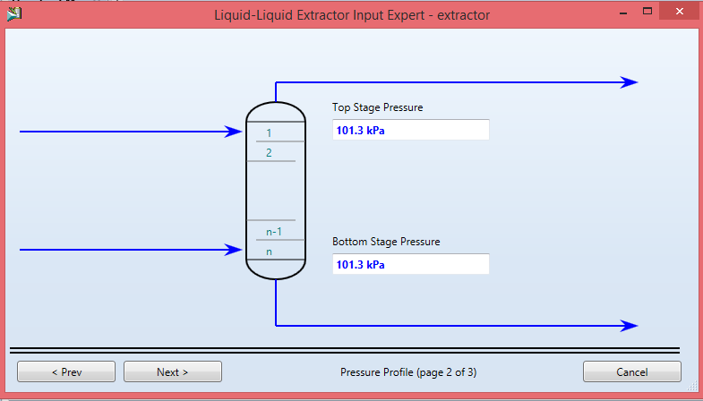 Se da clic en Next para la presión de las corrientes del extractor: 1 atm (figura 15) Figura 15. Especificación de la presión del extractor.