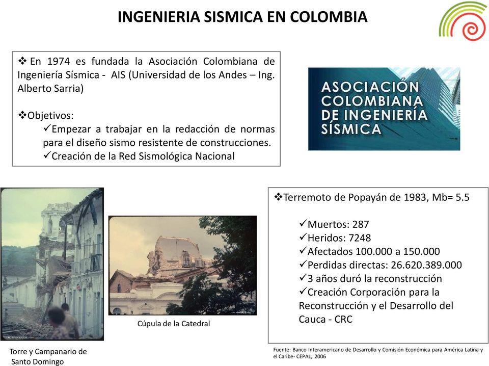 Creación de la Red Sismológica Nacional Terremoto de Popayán de 1983, Mb= 5.5 Cúpula de la Catedral Muertos: 287 Heridos: 7248 Afectados 100.000 a 150.