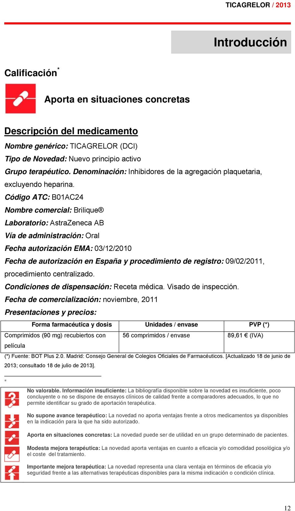 Código ATC: B01AC24 Nombre comercial: Brilique Laboratorio: AstraZeneca AB Vía de administración: Oral Fecha autorización EMA: 03/12/2010 Fecha de autorización en España y procedimiento de registro: