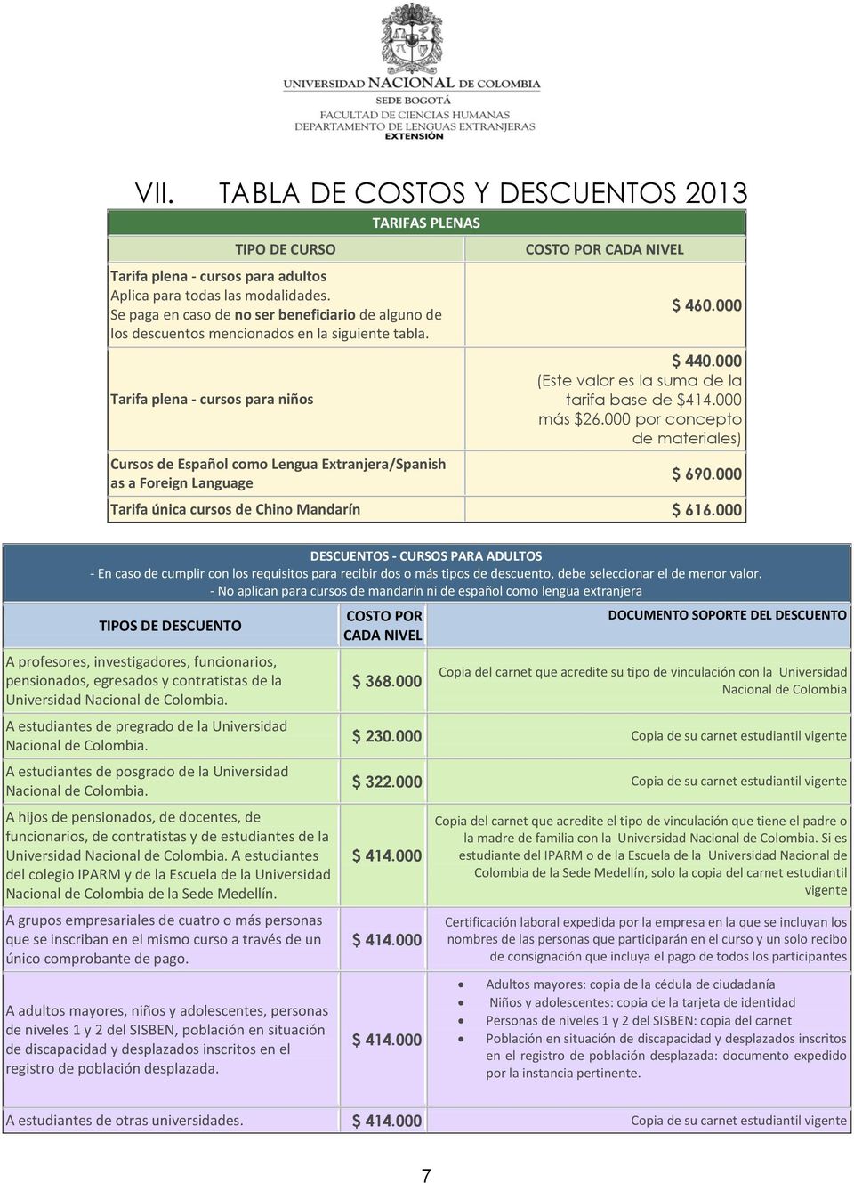 Tarifa plena - cursos para niños Cursos de Español como Lengua Extranjera/Spanish as a Foreign Language COSTO POR CADA NIVEL $ 460.000 $ 440.000 (Este valor es la suma de la tarifa base de $414.