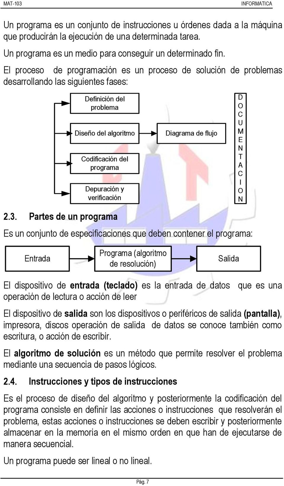 2.3. Partes de un programa Diagrama de flujo Es un conjunto de especificaciones que deben contener el programa: D O C U M E N T A C I O N Entrada Programa (algoritmo de resolución) Salida El