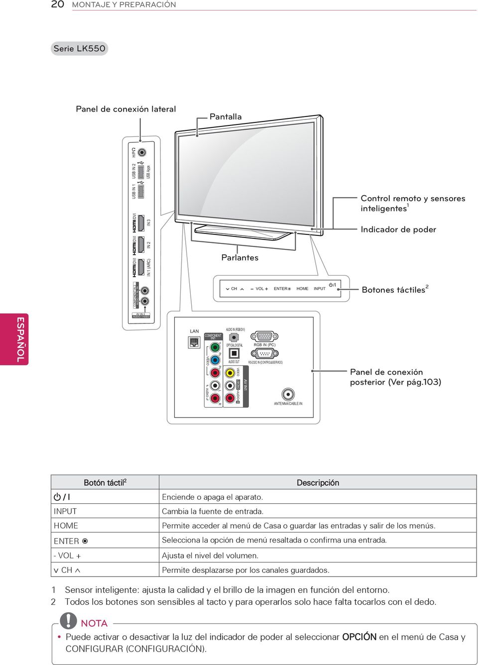 L/MONO AUDIO R AV IN1 RGB IN (PC) RS-232C IN (CONTROL&SERVICE) ANTENNA/CABLE IN Panel de conexión posterior (Ver pág.103) Botón táctil 2 Descripción / I Enciende o apaga el aparato.