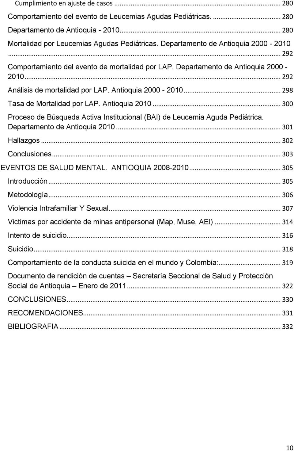 Antioquia 2010... 300 Proceso de Búsqueda Activa Institucional (BAI) de Leucemia Aguda Pediátrica. Departamento de Antioquia 2010... 301 Hallazgos... 302 Conclusiones... 303 EVENTOS DE SALUD MENTAL.