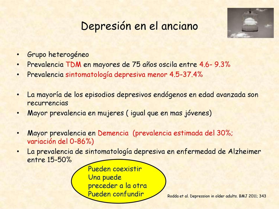 4% La mayoría de los episodios depresivos endógenos en edad avanzada son recurrencias Mayor prevalencia en mujeres ( igual que en mas jóvenes)
