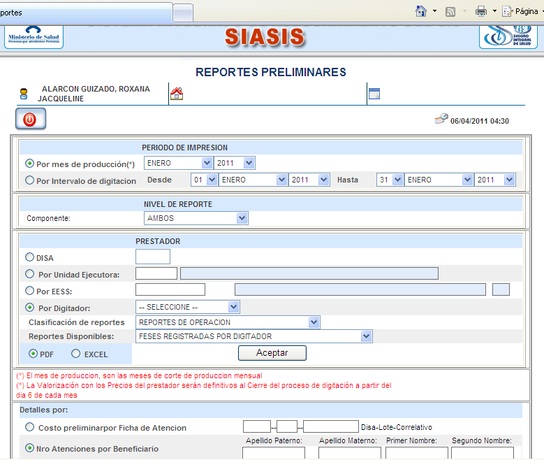 Reportes de producción que se obtienen del sistema web SIASIS a