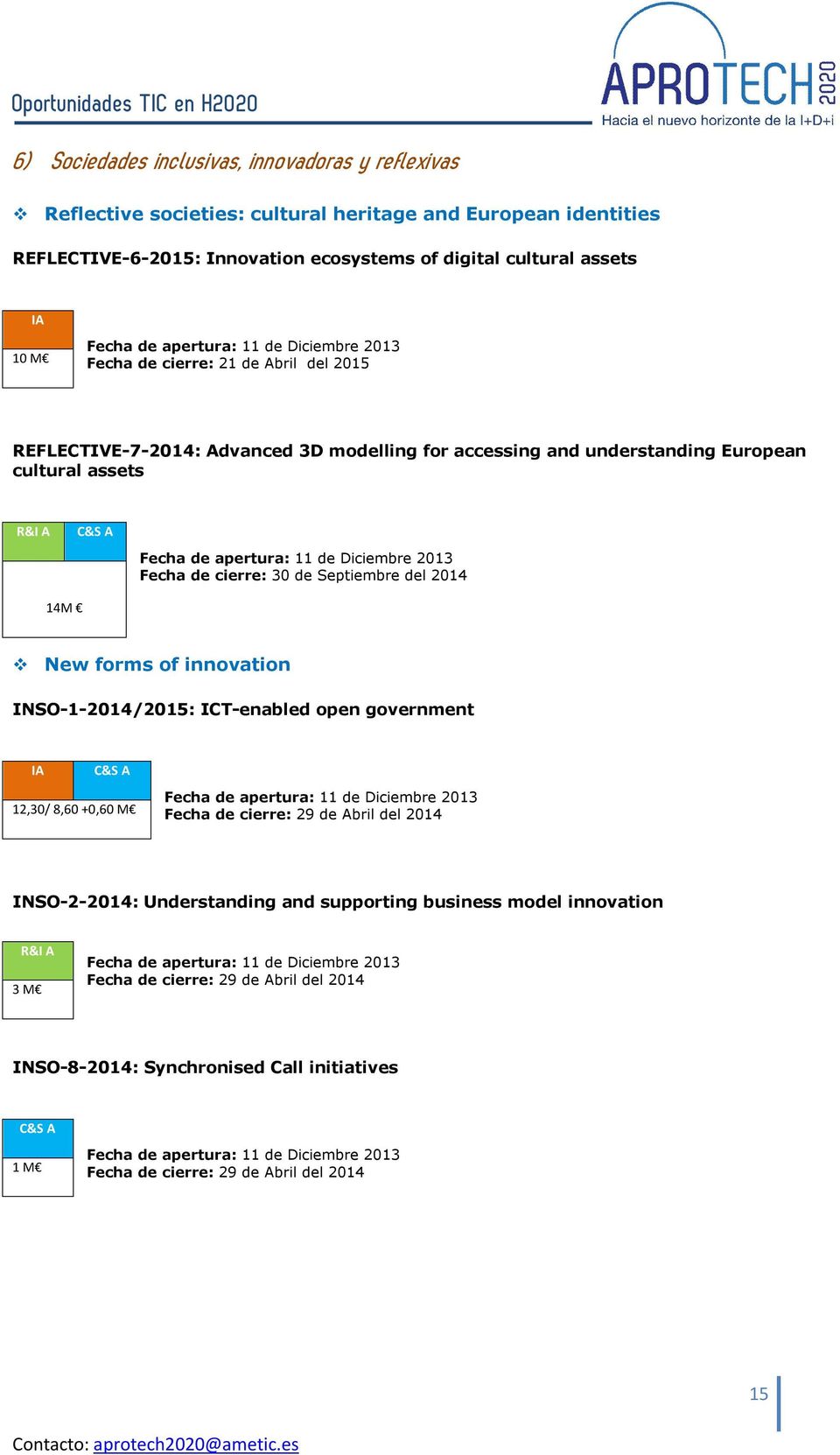 2014 14M New forms of innovation INSO-1-2014/2015: ICT-enabled open government 12,30/ 8,60 +0,60 M Fecha de cierre: 29 de Abril del 2014 INSO-2-2014: Understanding