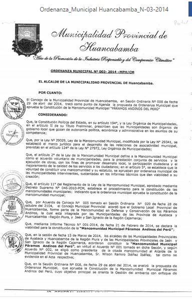Formación de la Mancomunidad Municipal Páramos Emisión de Ordenanza N 003-2014 MPH/CM (29/04/14) Andinos del Perú (15/03/2014) En la municipalidad provincial de Huancabamba, se reunieron Mediante