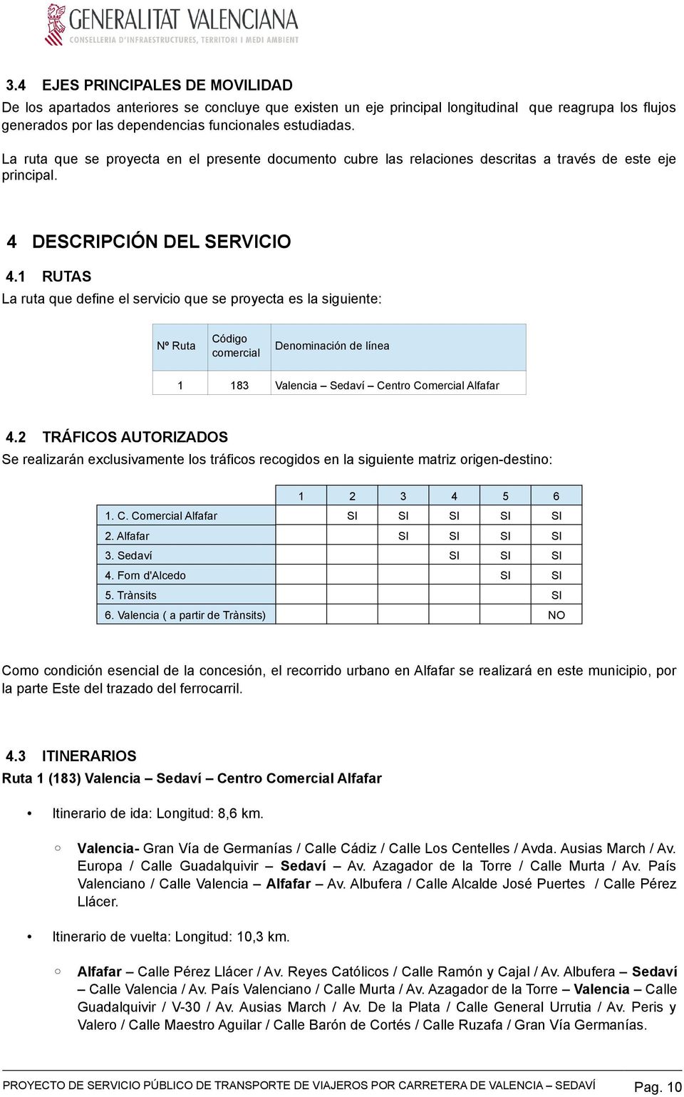 1 RUTAS La ruta que define el servicio que se proyecta es la siguiente: Nº Ruta Código comercial Denominación de línea 1 183 Valencia Sedaví Centro Comercial Alfafar 4.