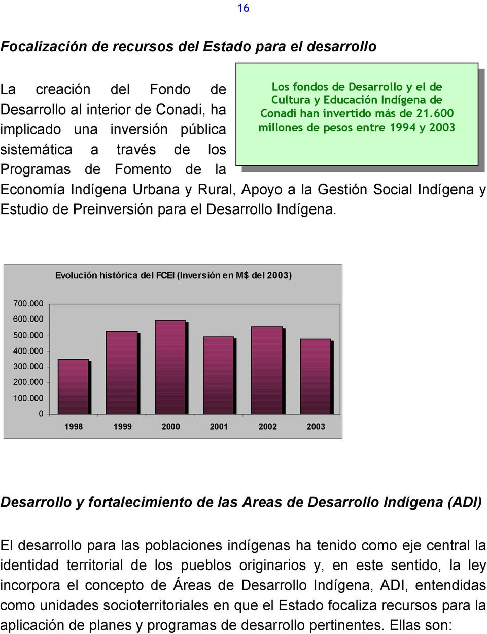 600 millones de pesos entre 1994 y 2003 Economía Indígena Urbana y Rural, Apoyo a la Gestión Social Indígena y Estudio de Preinversión para el Desarrollo Indígena.