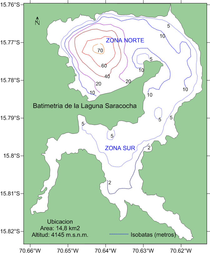 Escala de abundancia relativa Batimetría, distribución y concentración de los recursos pesqueros en la laguna Saracocha Batimetría: Las mayores profundidades se registraron en la parte central de la