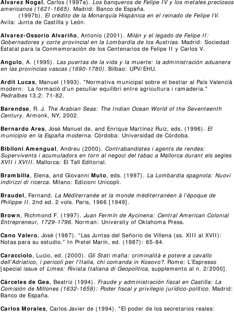 Milán y el legado de Felipe II: Gobernadores y corte provincial en la Lombardía de los Austrias. Madrid: Sociedad Estatal para la Conmemoración de los Centenarios de Felipe II y Carlos V. Angulo, A.