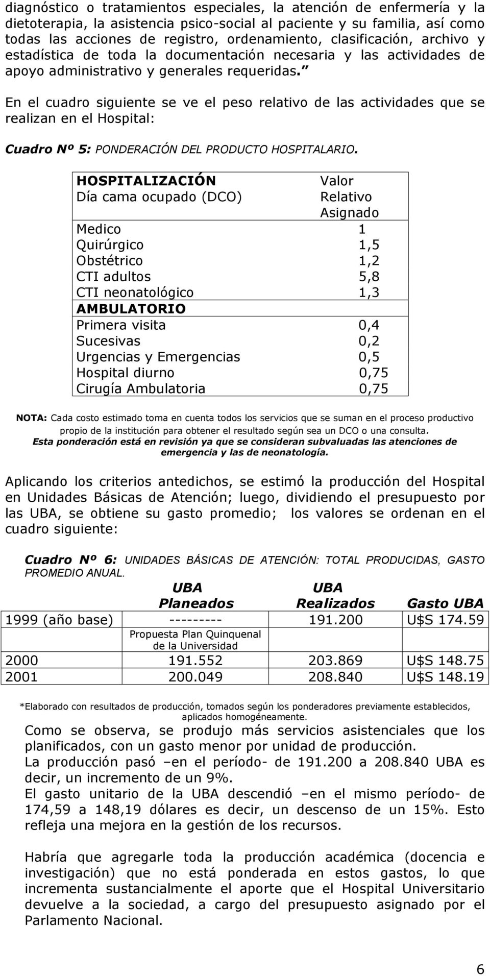 En el cuadro siguiente se ve el peso relativo de las actividades que se realizan en el Hospital: Cuadro Nº 5: PONDERACIÓN DEL PRODUCTO HOSPITALARIO.