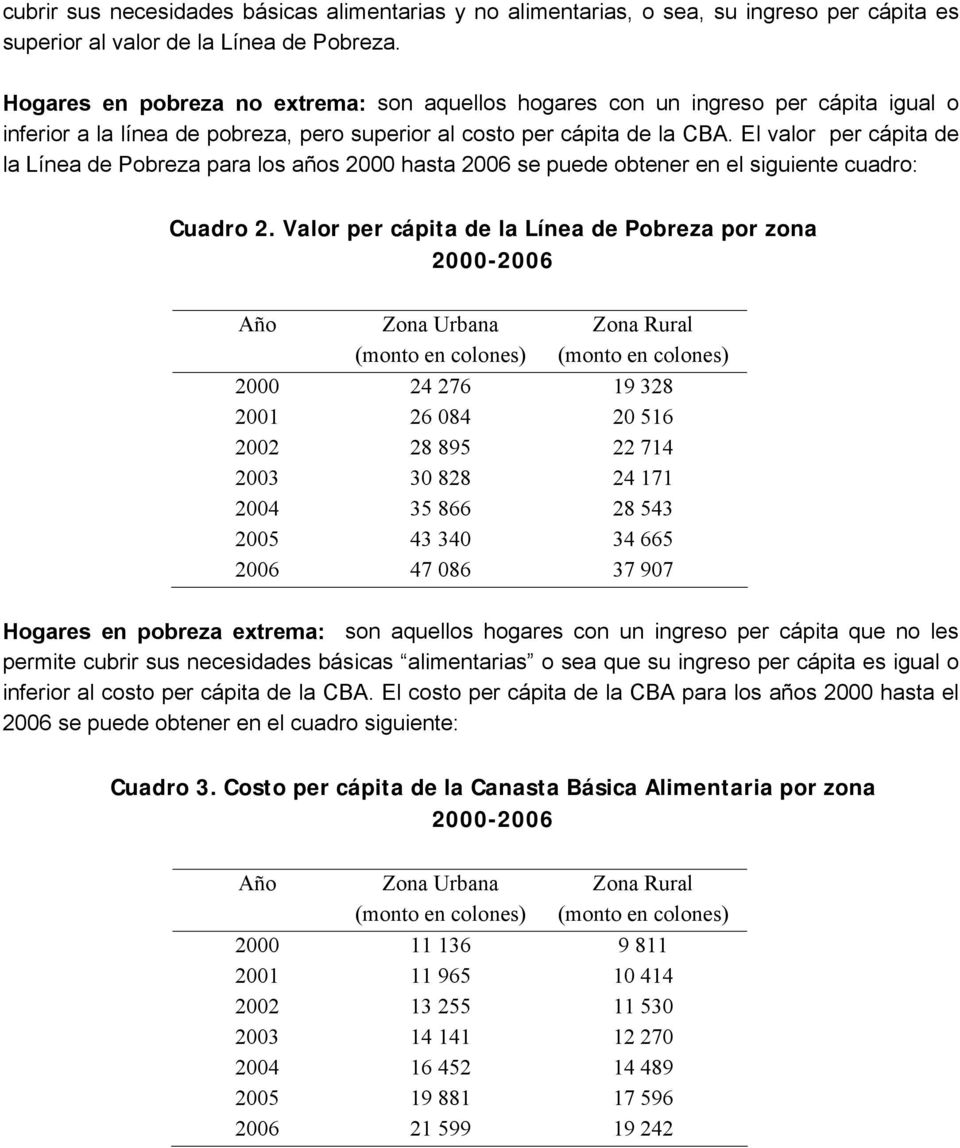 El valor per cápita de la Línea de Pobreza para los años 2000 hasta 2006 se puede obtener en el siguiente cuadro: Cuadro 2.