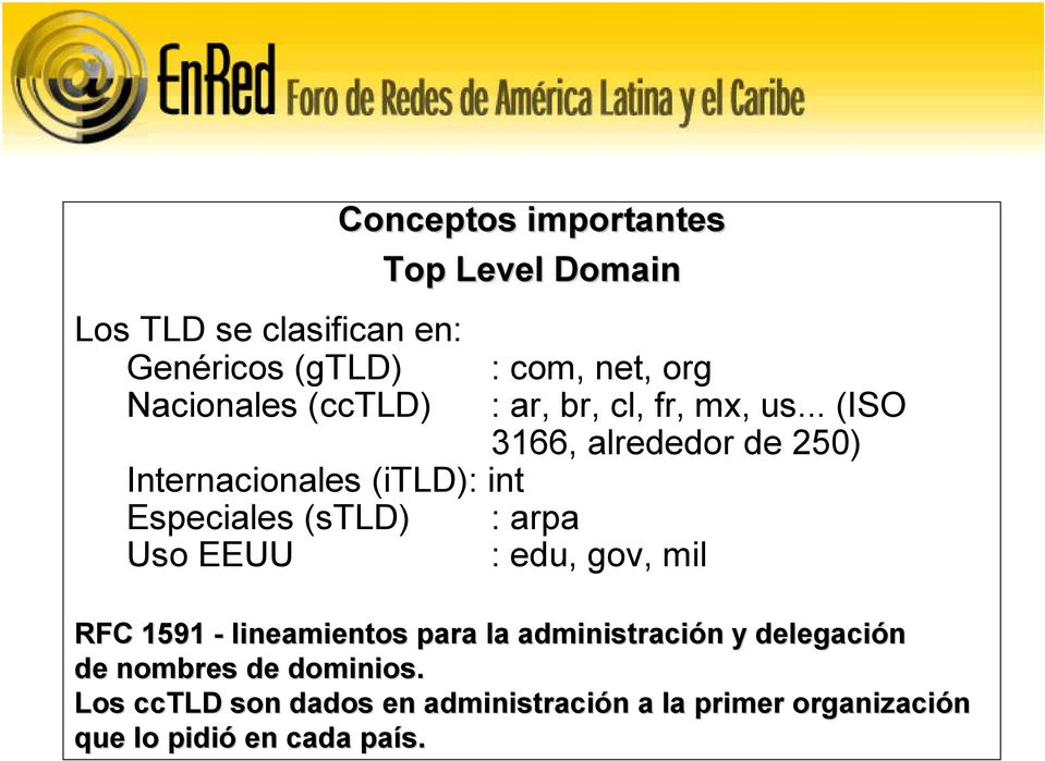 .. (ISO 3166, alrededor de 250) Internacionales (itld): int Especiales (stld) : arpa Uso EEUU : edu, gov,