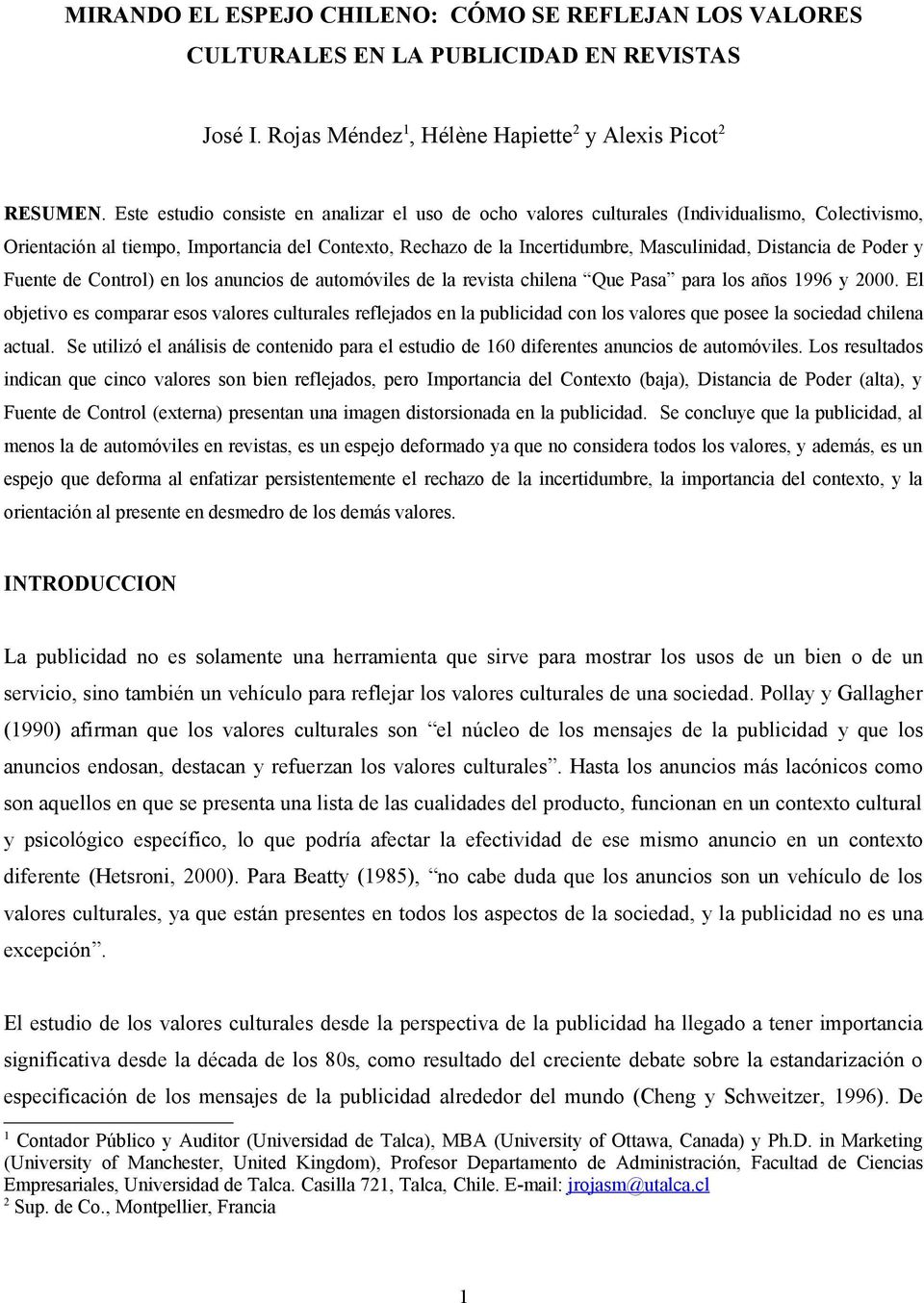 Distancia de Poder y Fuente de Control) en los anuncios de automóviles de la revista chilena Que Pasa para los años 1996 y 2000.
