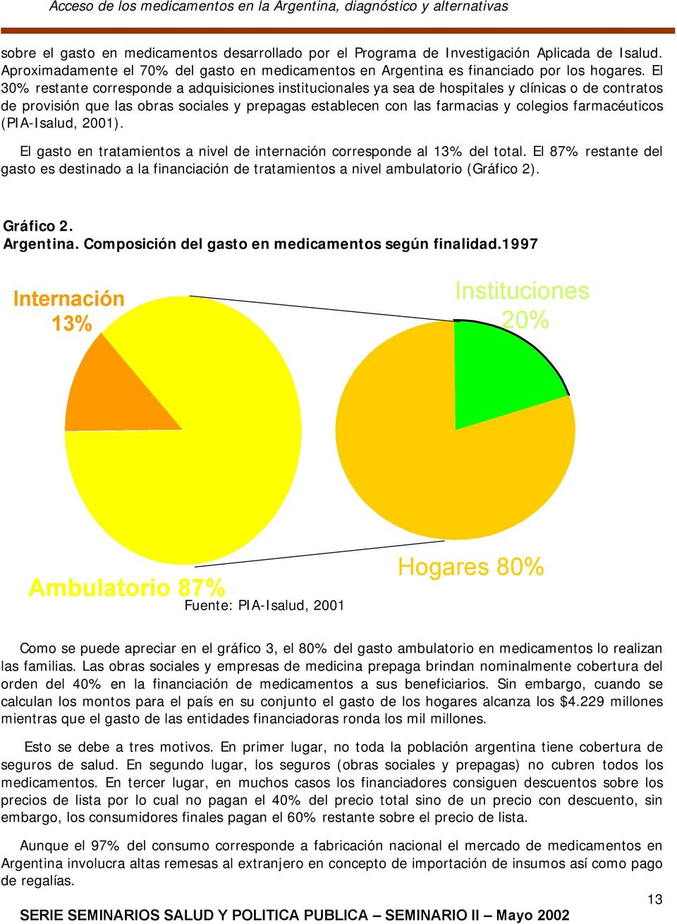 farmacéuticos (PIA-Isalud, 2001). El gasto en tratamientos a nivel de internación corresponde al 13% del total.