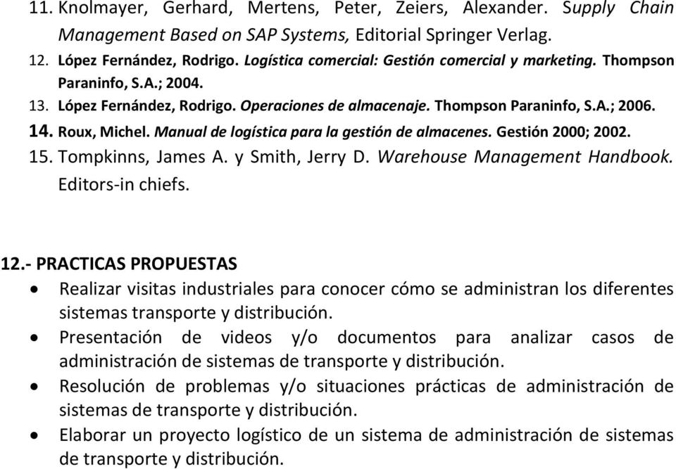 Manual de logística para la gestión de almacenes. Gestión 2000; 2002. 15. Tompkinns, James A. y Smith, Jerry D. Warehouse Management Handbook. Editors-in chiefs. 12.