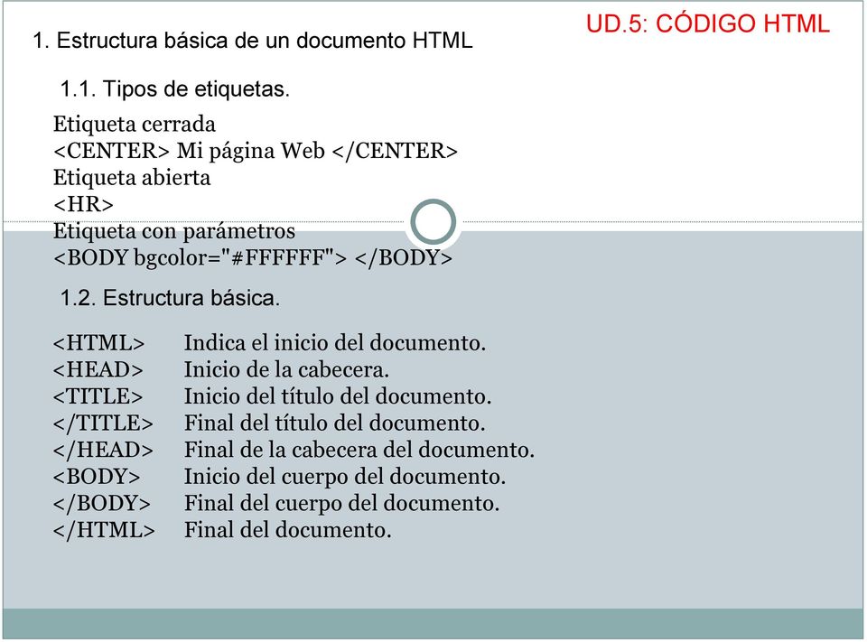 2. Estructura básica. <HTML> <HEAD> <TITLE> </TITLE> </HEAD> <BODY> </BODY> </HTML> Indica el inicio del documento.
