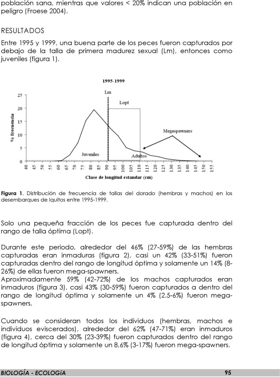 Distribución de frecuencia de tallas del dorado (hembras y machos) en los desembarques de Iquitos entre 1995-1999.