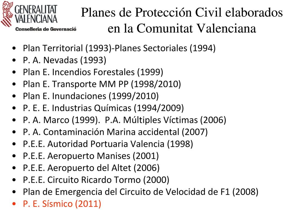 Marco (1999). P.A. Múltiples Víctimas (2006) P. A. Contaminación Marina accidental (2007) P.E.E. Autoridad Portuaria Valencia (1998) P.E.E. Aeropuerto Manises (2001) PEE P.