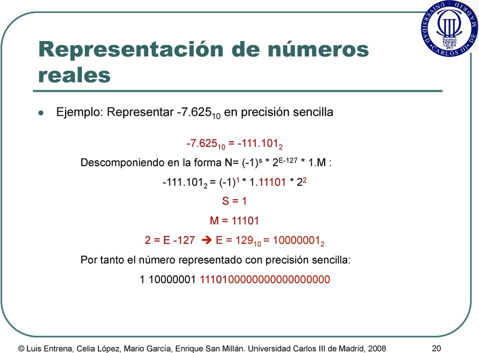11101 * 2 2 S = 1 M = 11101 2 = E -127 è E = 129 10 = 10000001 2 Por tanto el número representado con precisión