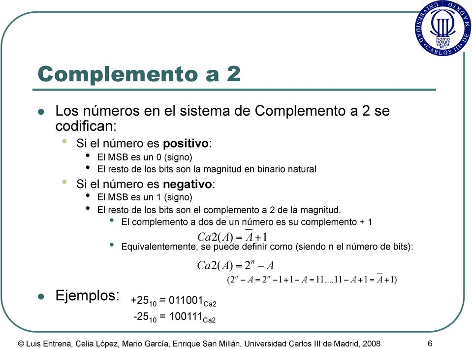 El complemento a dos de un número es su complemento + 1 Equivalentemente, se puede definir como (siendo n el número de bits): Ejemplos: +2510 = 011001 Ca2 Ca2 (