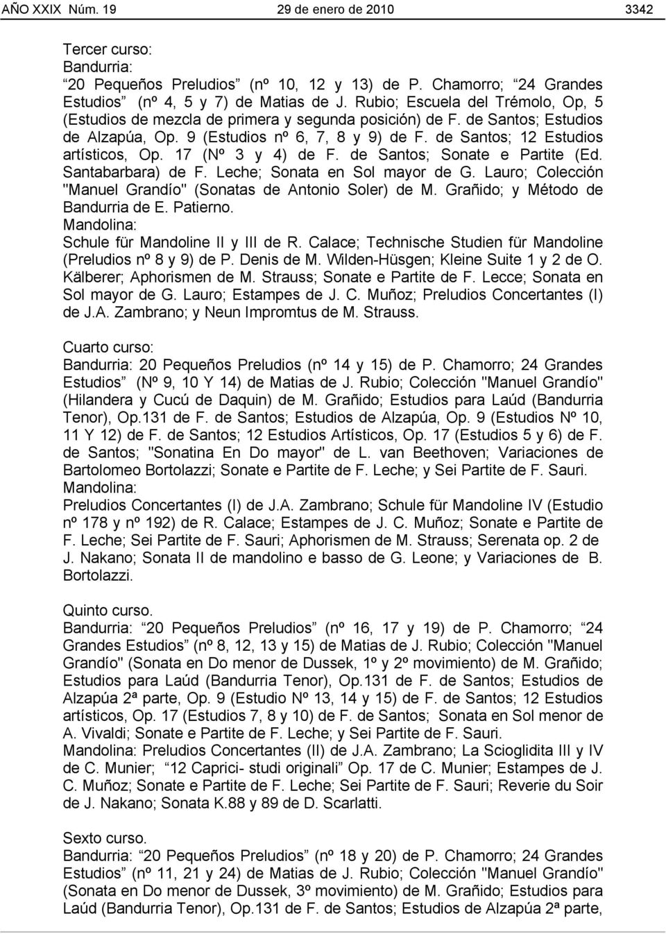 17 (Nº 3 y 4) de F. de Santos; Sonate e Partite (Ed. Santabarbara) de F. Leche; Sonata en Sol mayor de G. Lauro; Colección "Manuel Grandío" (Sonatas de Antonio Soler) de M.
