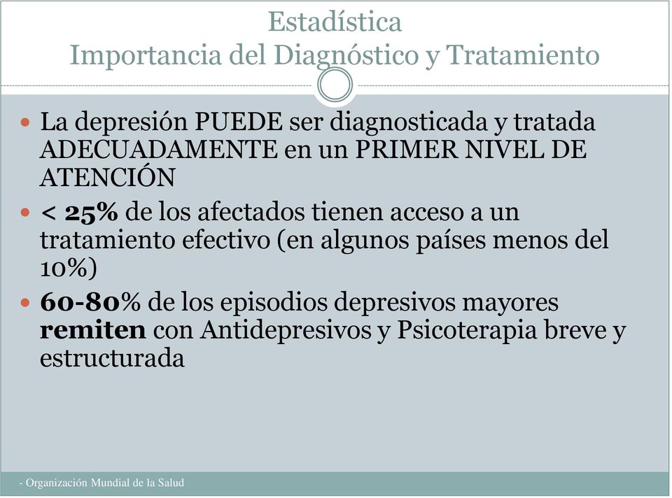 tratamiento efectivo (en algunos países menos del 10%) 60-80% de los episodios depresivos