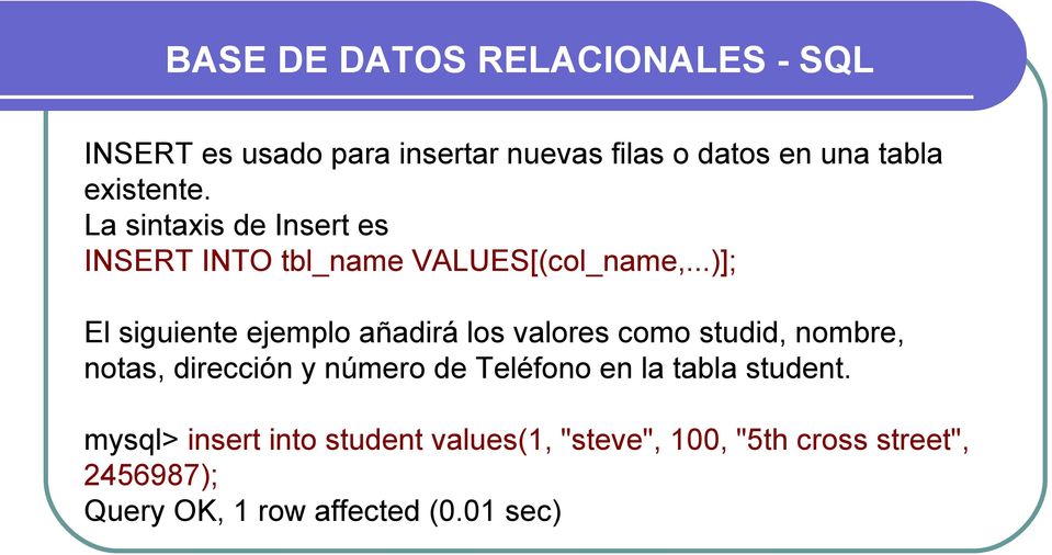..)]; El siguiente ejemplo añadirá los valores como studid, nombre, notas, dirección y número