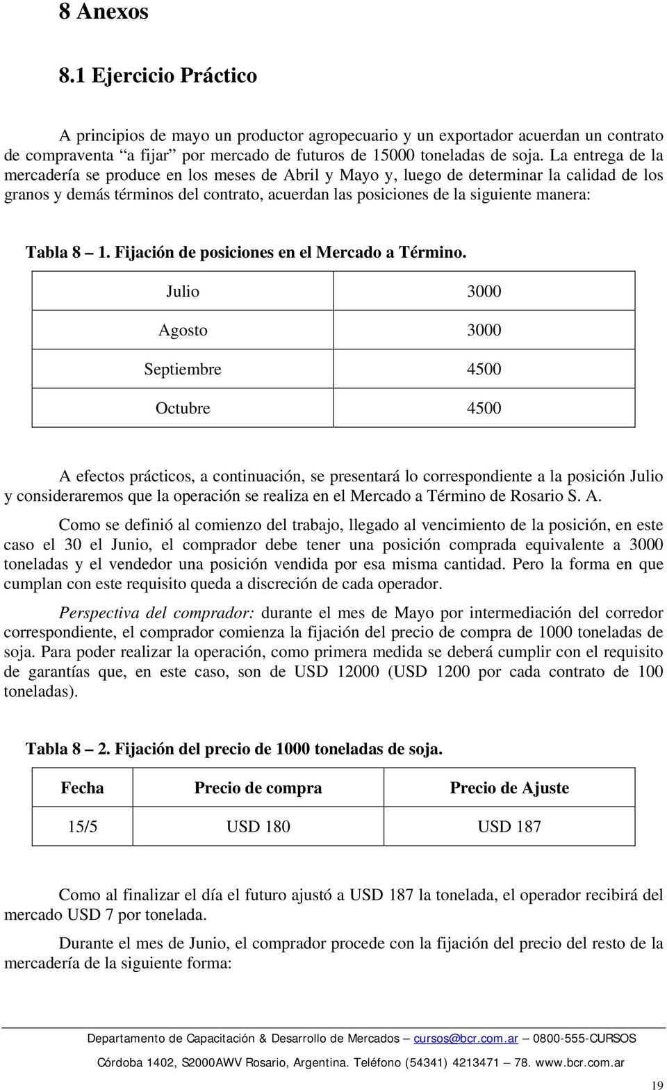 Tabla 8 1. Fijación de posiciones en el Mercado a Término.