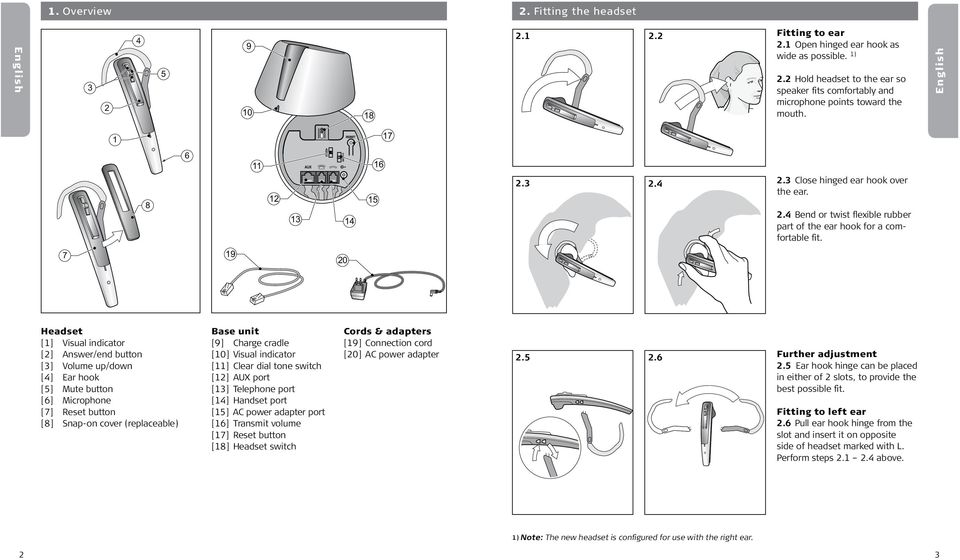 3 2.4 2.3 Close hinged ear hook over the ear. 2.4 Bend or twist flexible rubber part of the ear hook for a comfortable fit.