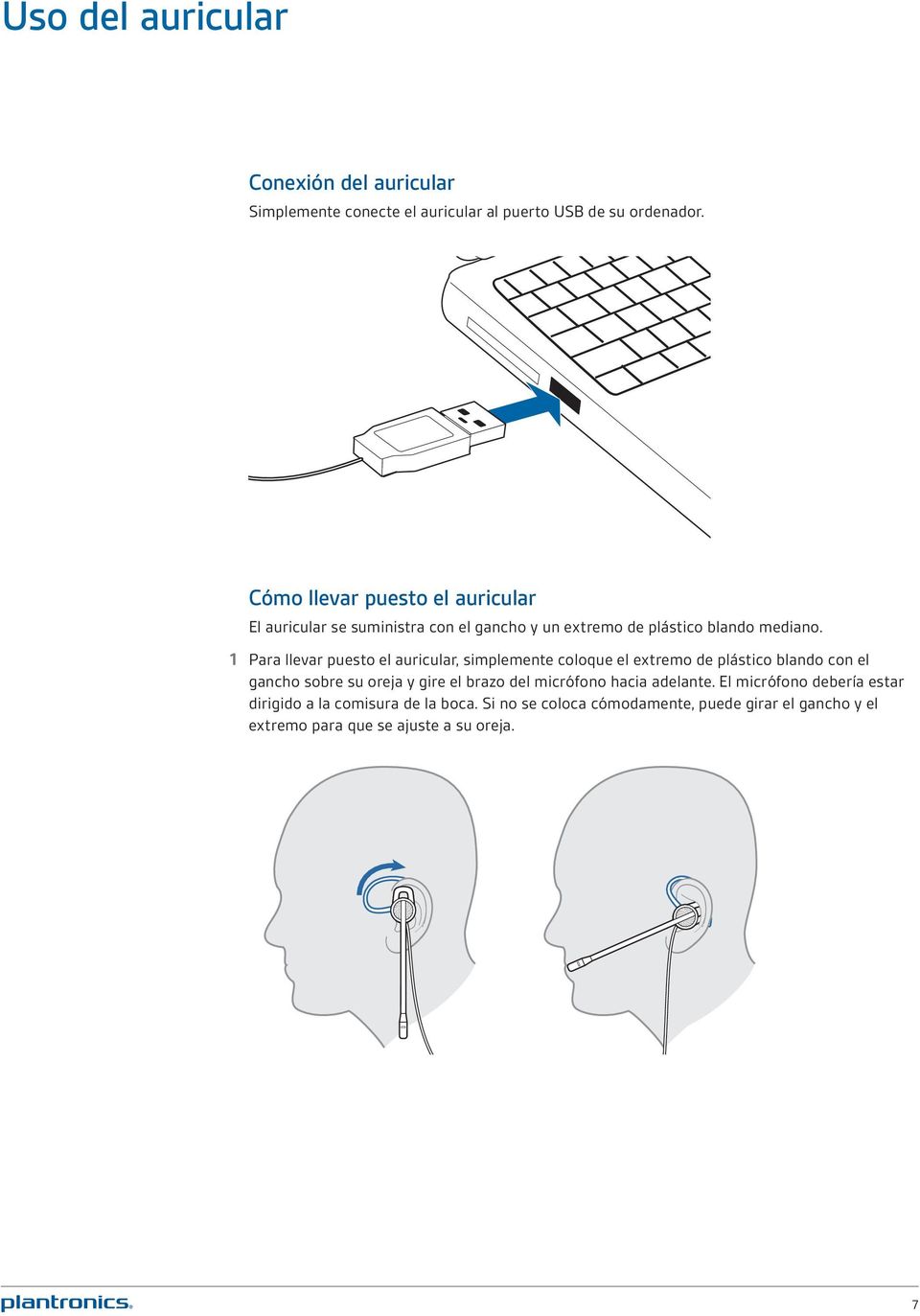 1 Para llevar puesto el auricular, simplemente coloque el extremo de plástico blando con el gancho sobre su oreja y gire el brazo del