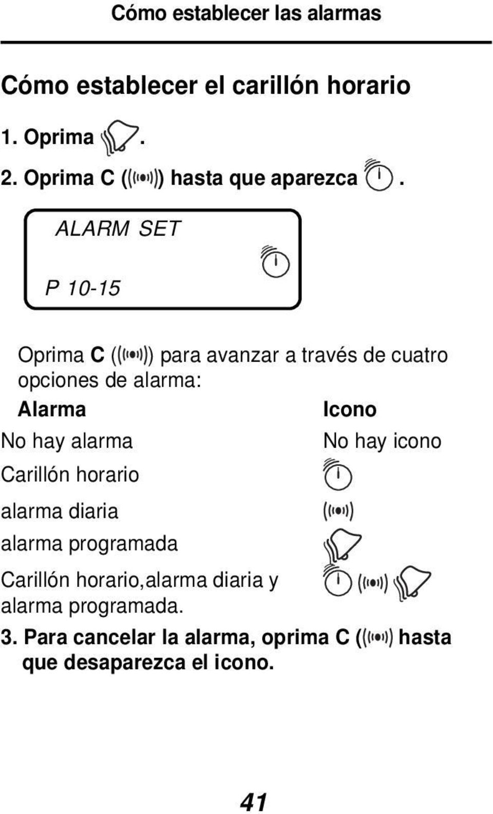 ALARM SET P 10-15 Oprima C ( ) para avanzar a través de cuatro opciones de alarma: Alarma Icono No
