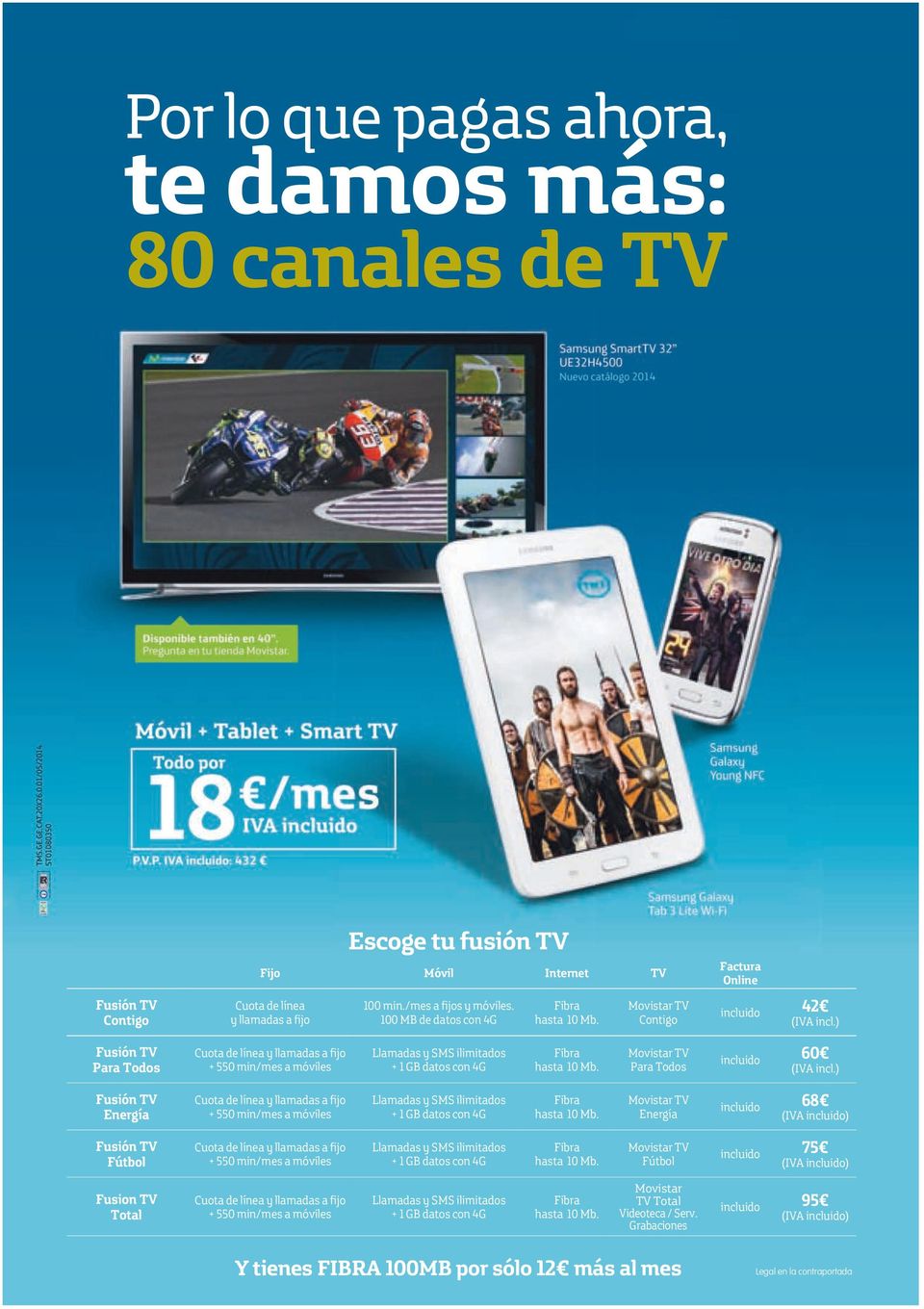 ) Fusión TV Para Todos Cuota de línea y llamadas a fijo + 0 min/mes a móviles Llamadas y SMS ilimitados + 1 GB datos con Movistar TV Para Todos 60 (IVA incl.
