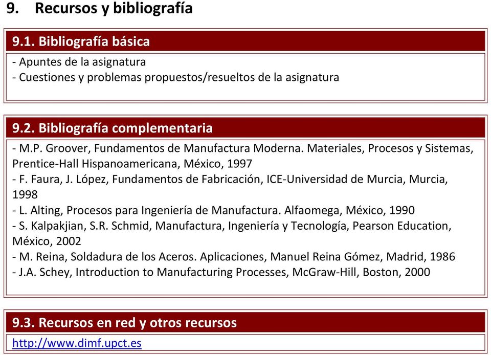 López, Fundamentos de Fabricación, ICE Universidad de Murcia, Murcia, 1998 L. Alting, Procesos para Ingeniería de Manufactura. Alfaomega, México, 1990 S. Kalpakjian, S.R.