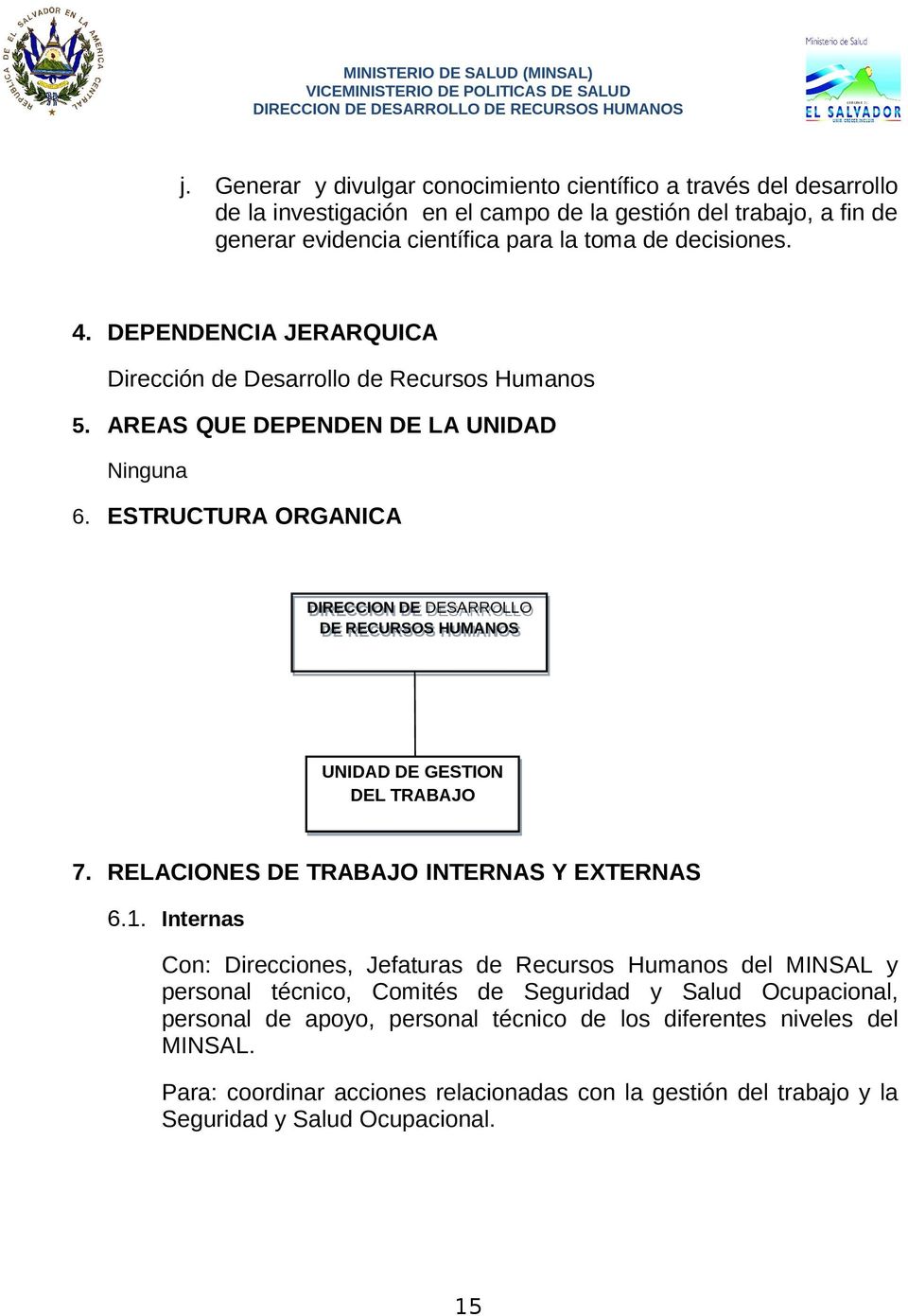 ESTRUCTURA ORGANICA DIRECCION DE DESARROLLO DE RECURSOS HUMANOS UNIDAD DE GESTION DEL TRABAJO 7. RELACIONES DE TRABAJO INTERNAS Y EXTERNAS 6.1.