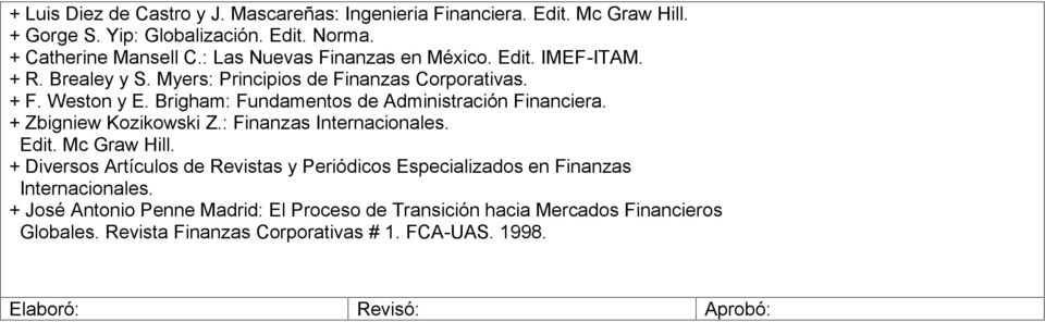 Brigham: Fundamentos de Administración Financiera. + Zbigniew Kozikowski Z.: Finanzas Internacionales. Edit. Mc Graw Hill.
