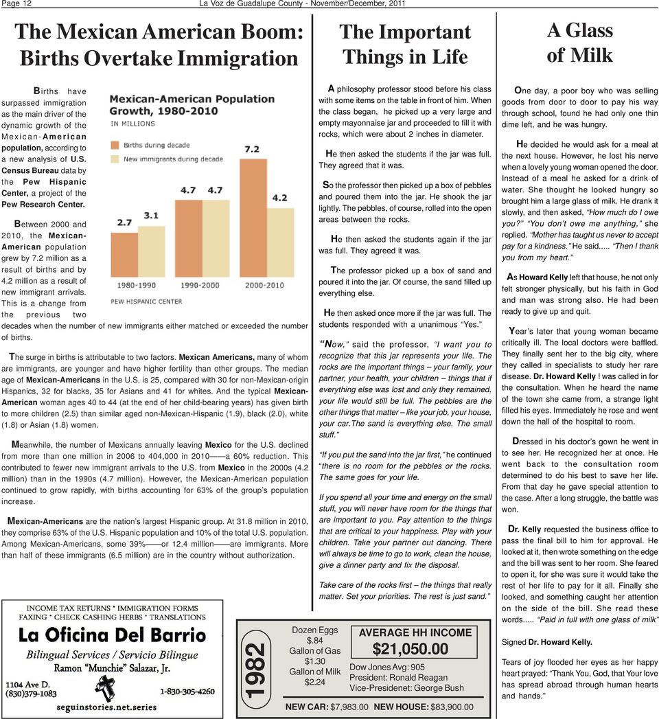 La Voz de Guadalupe County - November/December, 2011 The Mexican American Boom: Births Overtake Immigration Between 2000 and 2010, the Mexican- American population grew by 7.