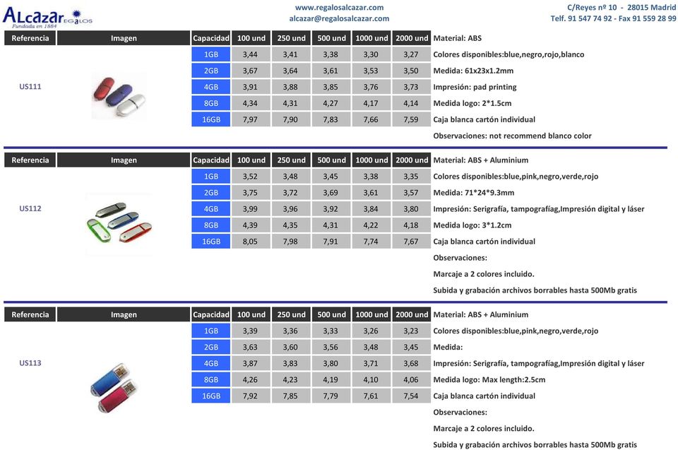 5cm 16GB 7,97 7,90 7,83 7,66 7,59 Caja blanca cartón individual not recommend blanco color + Aluminium 1GB 3,52 3,48 3,45 3,38 3,35 Colores disponibles:blue,pink,negro,verde,rojo 2GB 3,75 3,72 3,69