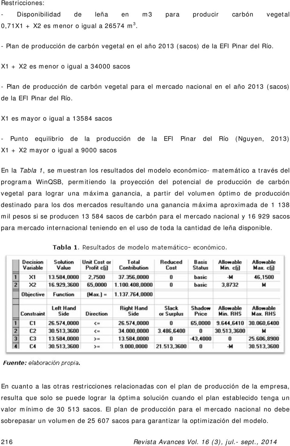 X1 + X2 es menor o igual a 34000 sacos - Plan de producción de carbón vegetal para el mercado nacional en el año 2013 (sacos) de la EFI Pinar del Río.
