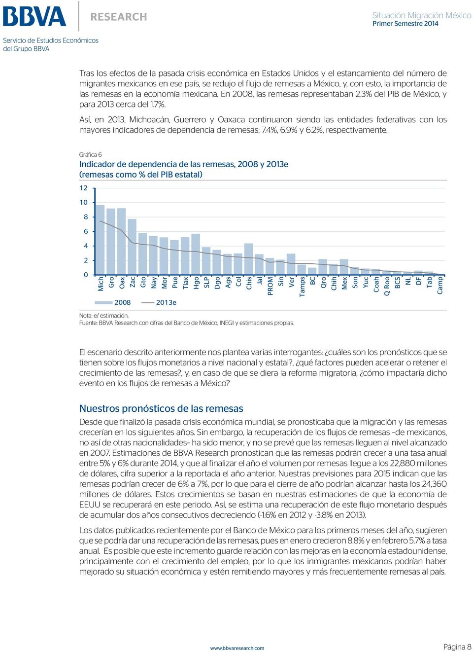 Así, en 2013, Michoacán, Guerrero y Oaxaca continuaron siendo las entidades federativas con los mayores indicadores de dependencia de remesas: 7.4%, 6.9% y 6.2%, respectivamente.