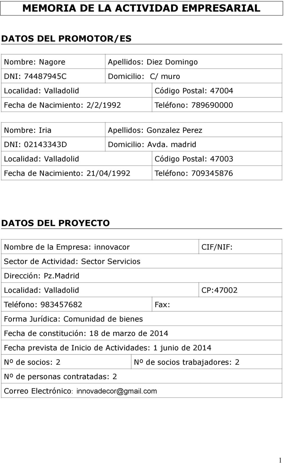 madrid Localidad: Valladolid Código Postal: 47003 Fecha de Nacimiento: 21/04/1992 Teléfono: 709345876 DATOS DEL PROYECTO Nombre de la Empresa: innovacor Sector de Actividad: Sector Servicios