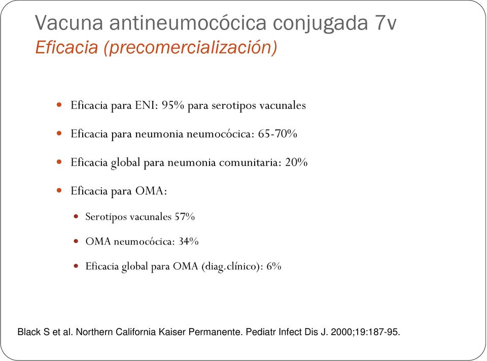 comunitaria: 20% Eficacia para OMA: Serotipos vacunales 57% OMA neumocócica: 34% Eficacia global