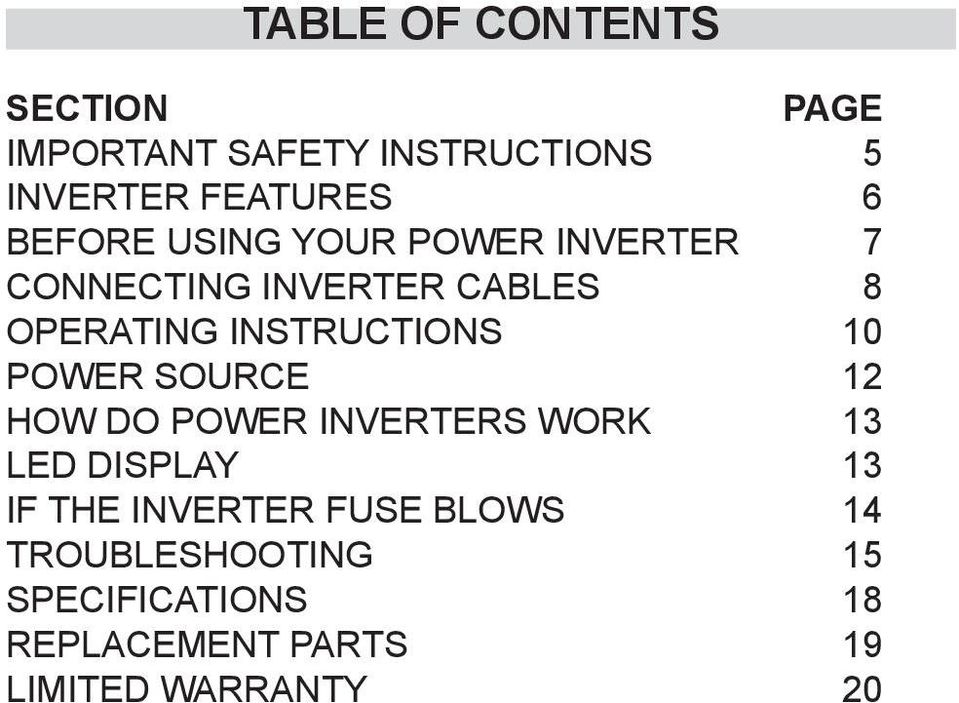 INSTRUCTIONS 10 POWER SOURCE 12 HOW DO POWER INVERTERS WORK 13 LED DISPLAY 13 IF THE