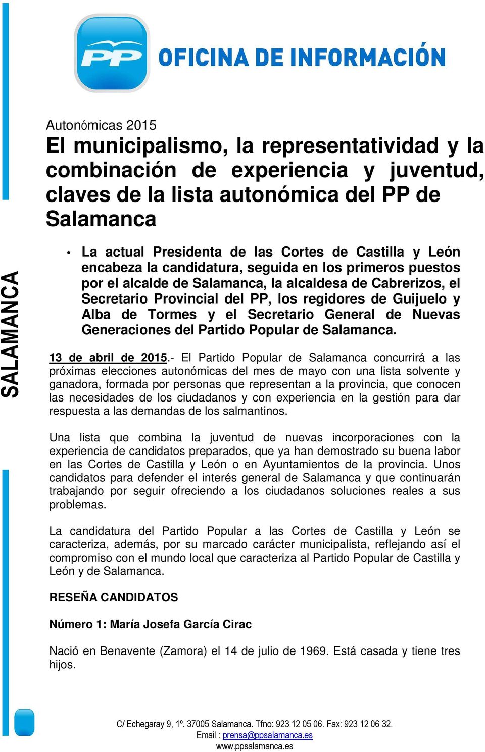 Secretario General de Nuevas Generaciones del Partido Popular de Salamanca. 13 de abril de 2015.