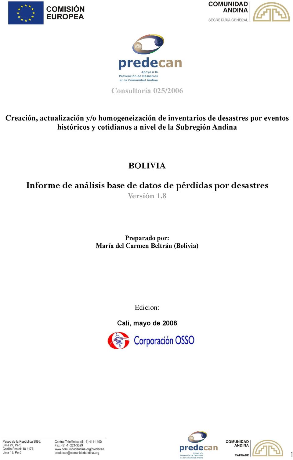 BOLIVIA Informe de análisis base de datos de pérdidas por desastres Versión 1.