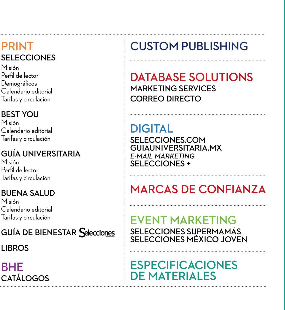 DE BIENESTAR LIBROS BHE CATÁLOGOS CUSTOM PUBLISHING DATABASE SOLUTIONS MARKETING SERVICES CORREO DIRECTO DIGITAL SELECCIONES.